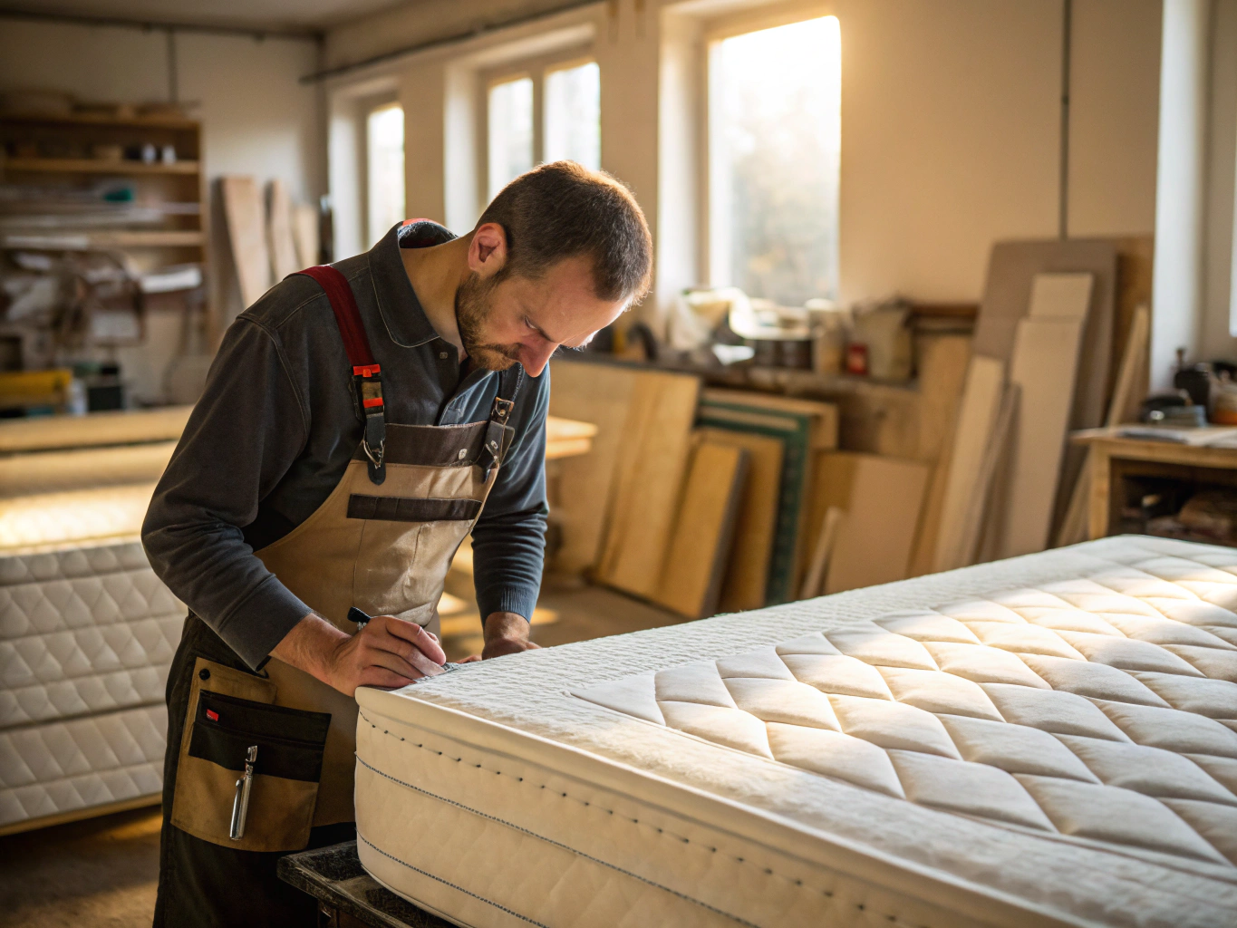 Artisan mattress workshop showcasing breathable linen fabrics and upholstered bed frame